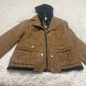 Ethel Clothing Faux Leather Jacket w/ Knit Hoodie Insert & Lace Hem